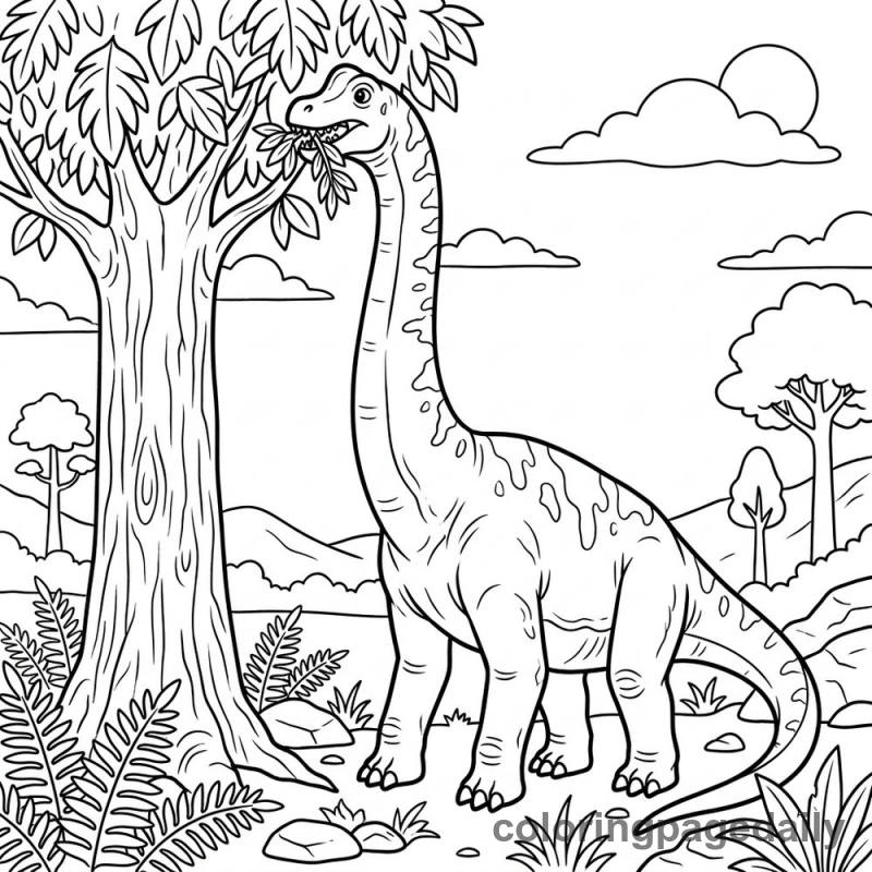 Brachiosaurus Eating Leaves - Daily printable coloring page in Dinosaur category
