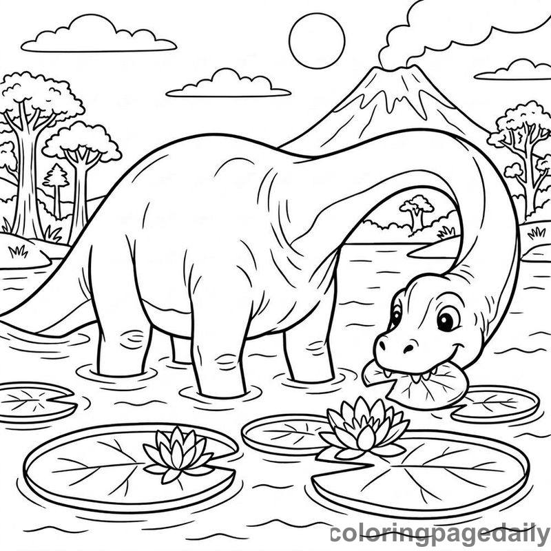 Brachiosaurus Eating Lily Pads - Daily printable coloring page in Dinosaur category