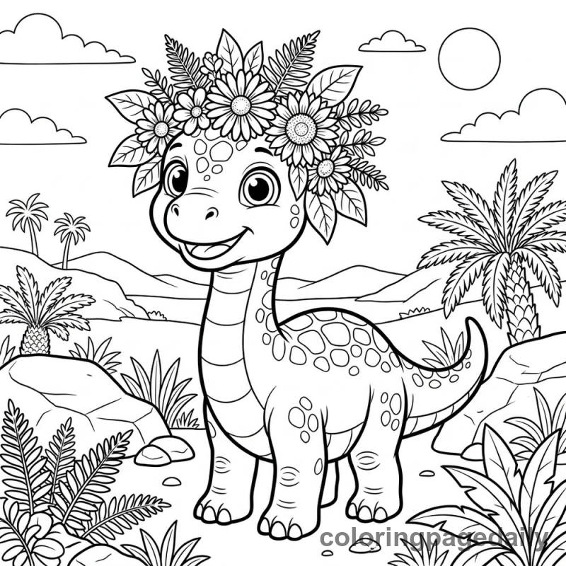 Brachiosaurus Flower Crown - Daily printable coloring page in Dinosaur category