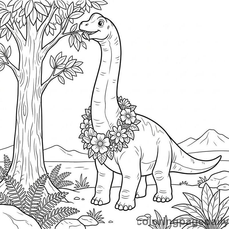 Brachiosaurus Wearing Flower Necklace - Daily printable coloring page in Dinosaur category