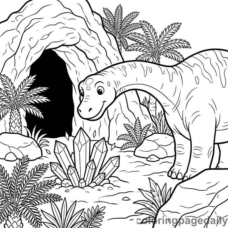 Brachiosaurus Inspecting Cave Crystals - Daily printable coloring page in Dinosaur category