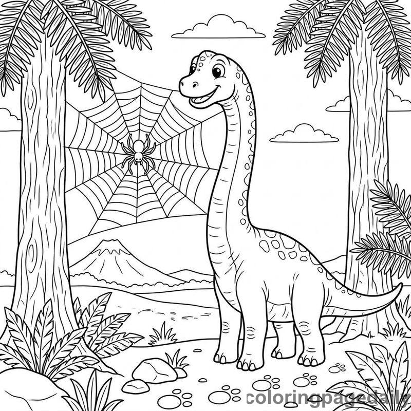 Brachiosaurus Inspecting Spiderweb - Daily printable coloring page in Dinosaur category