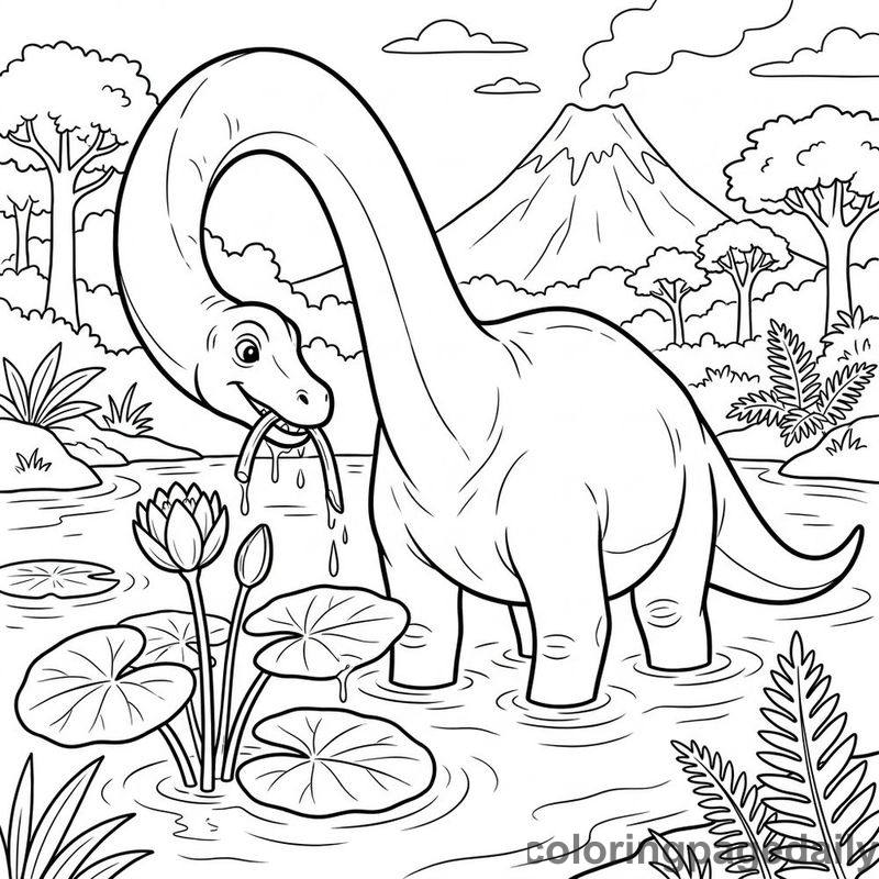 Brachiosaurus Lifting Water Lily - Daily printable coloring page in Dinosaur category