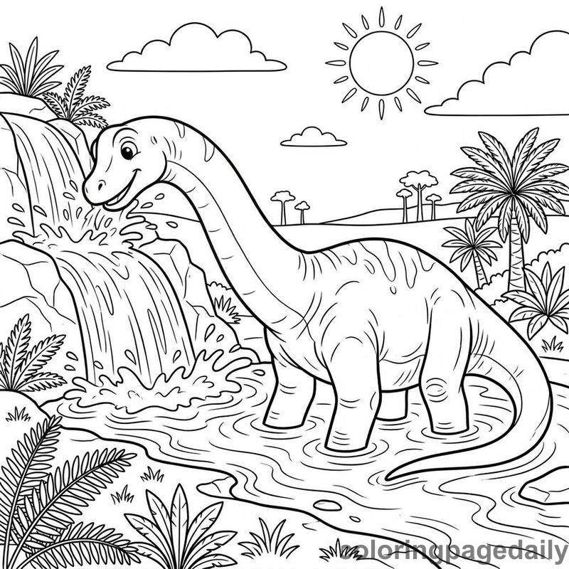 Brachiosaurus Waterfall River Splash - Daily printable coloring page in Dinosaur category