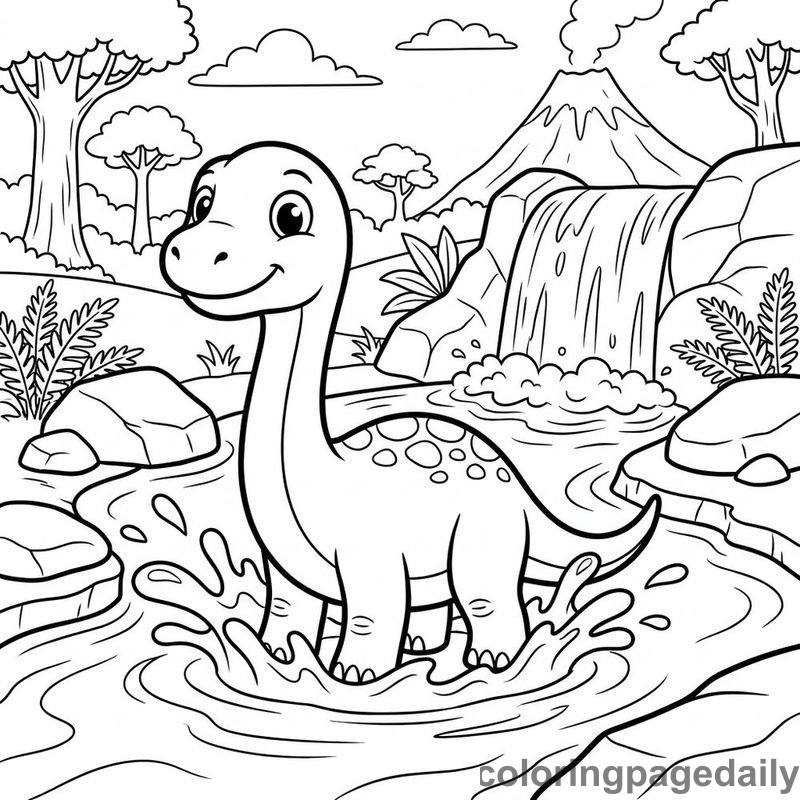 Brachiosaurus Waterfall Splash - Daily printable coloring page in Dinosaur category