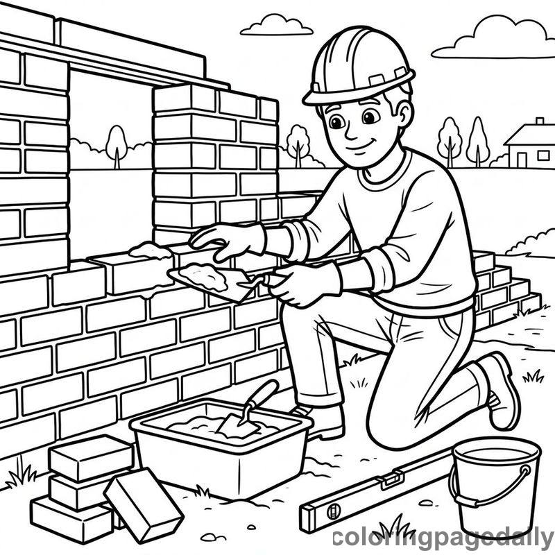 Bricklayer Building A Wall - Daily printable coloring page in Professions category