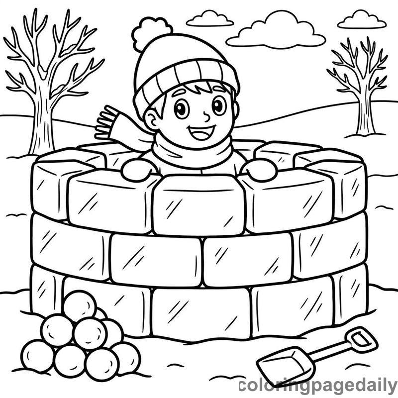 Building Snow Fort - Daily printable coloring page in Winter and Snow Season category