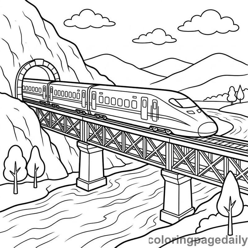 Bullet Train Crossing River Bridge - Daily printable coloring page in Vehicle category