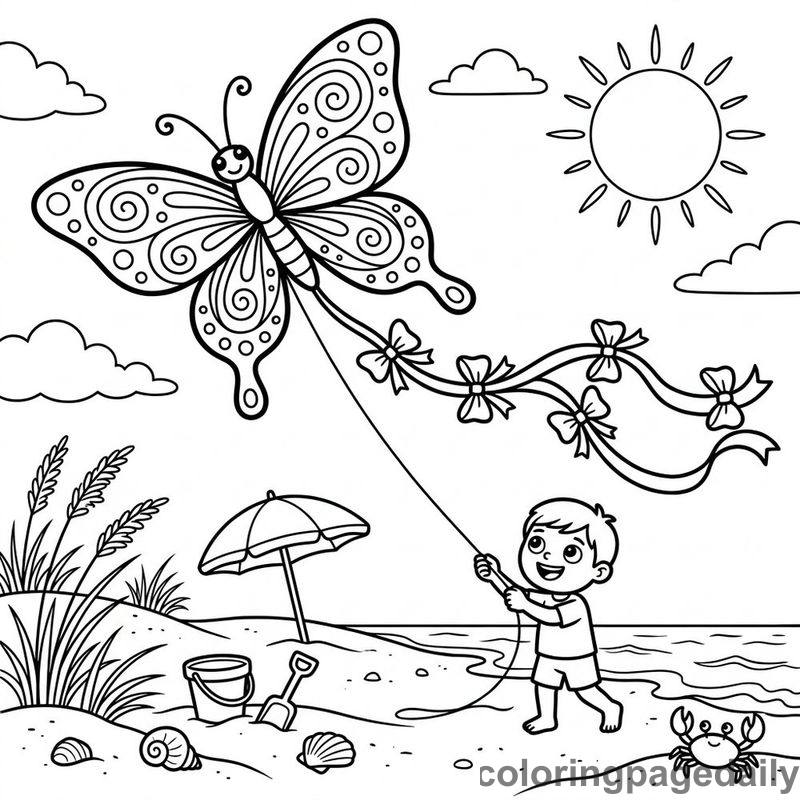 Butterfly Kite On Beach - Daily printable coloring page in Summer Vacation category