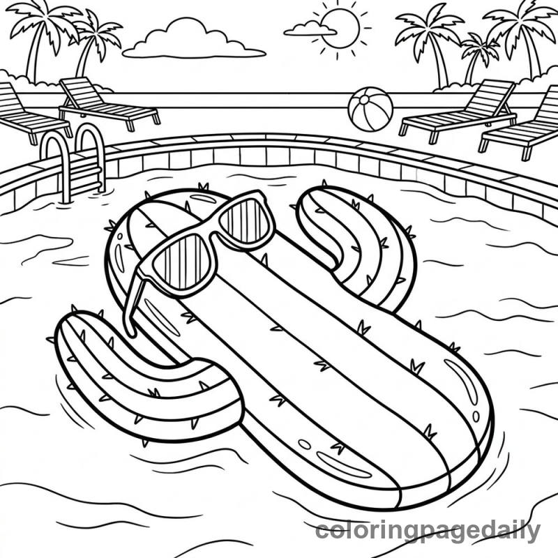 Cactus Pool Float Relaxation - Daily printable coloring page in Summer Vacation category