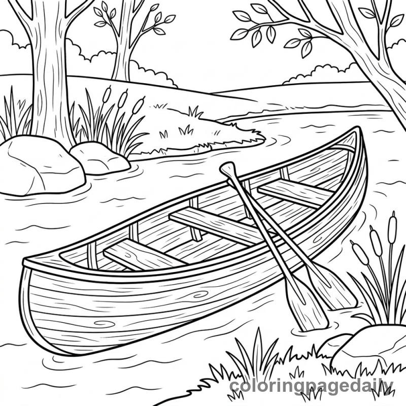 Canoe on the River - Daily printable coloring page in Vehicle category