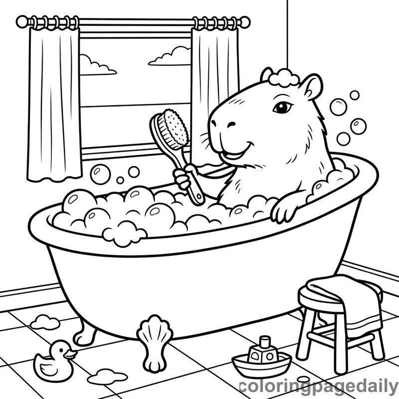 Capybara Bubble Bath - Daily printable coloring page in Animals category