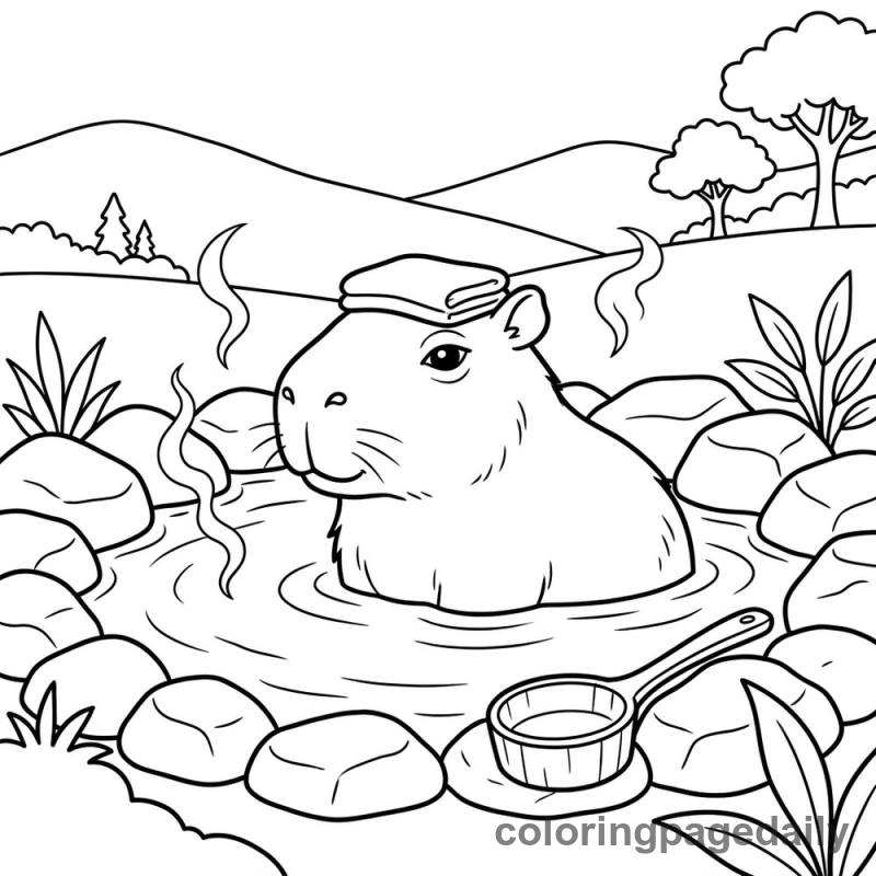 Capybara Hot Spring Bath - Daily printable coloring page in Animals category