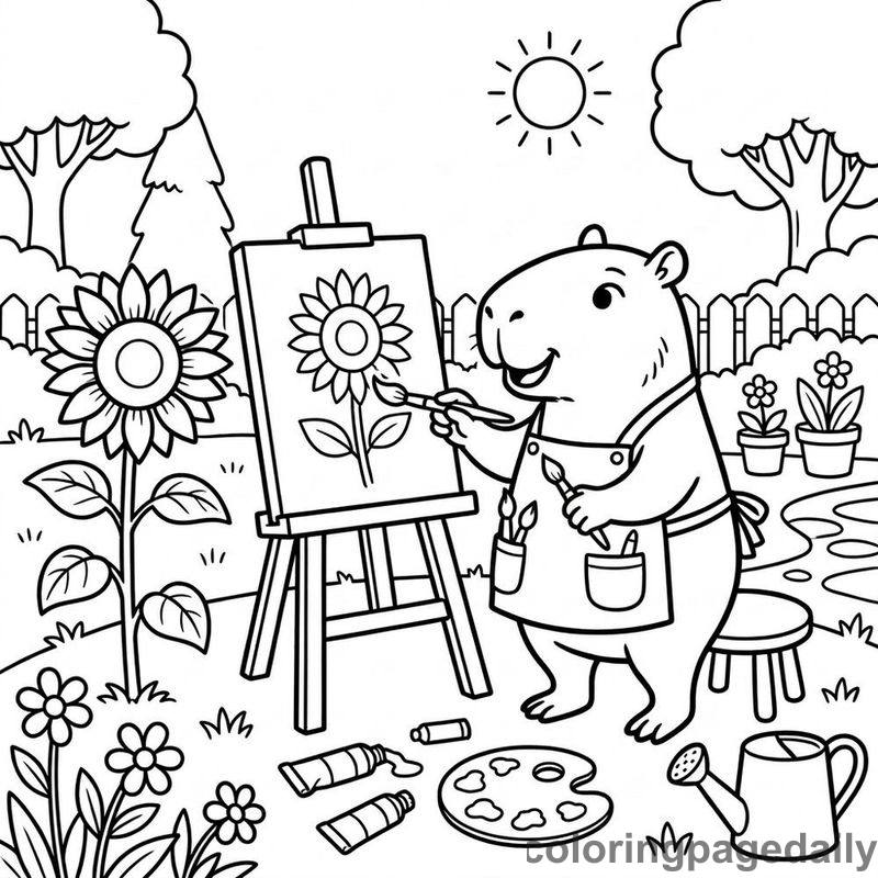 Capybara Painting A Sunflower - Daily printable coloring page in Animals category