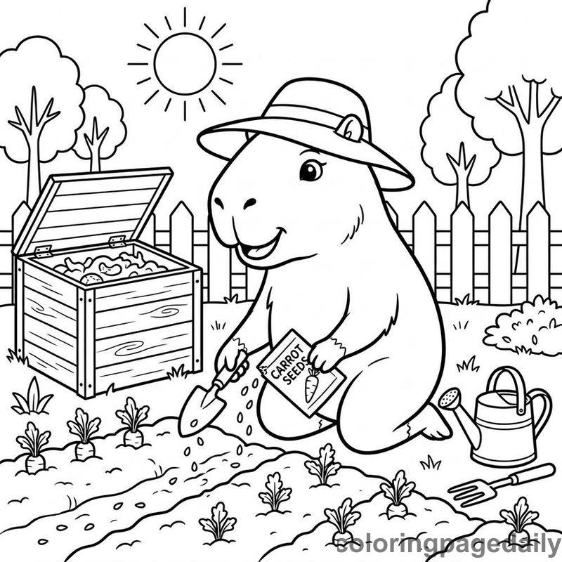 Capybara Planting Spring Carrots - Daily printable coloring page in Animals category