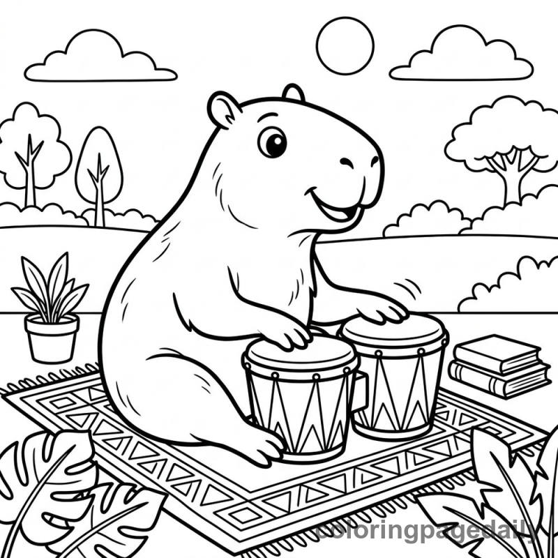 Capybara Playing Bongos - Daily printable coloring page in Animals category