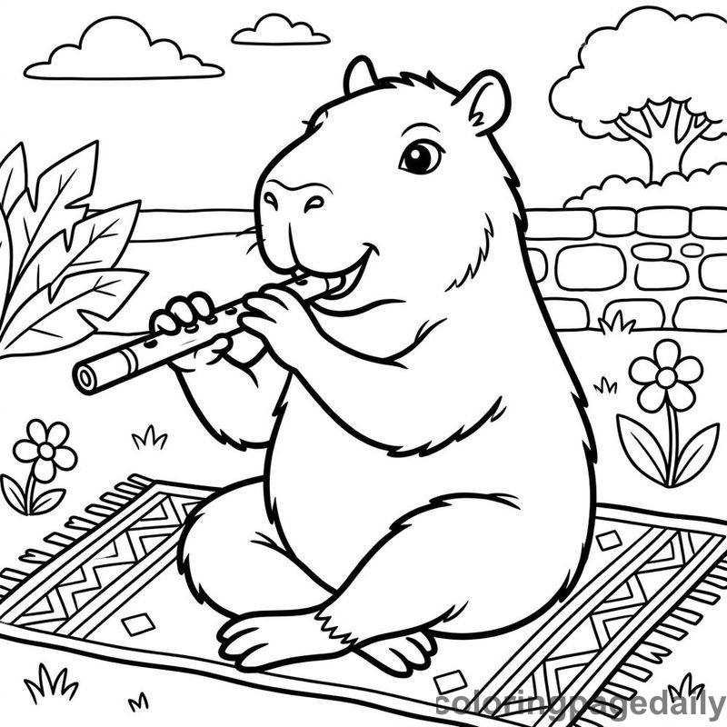 Capybara Playing Flute - Daily printable coloring page in Animals category