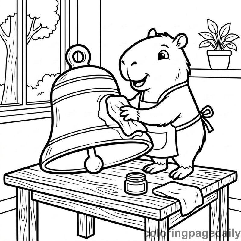 Capybara Polishing Brass Bell - Daily printable coloring page in Animals category