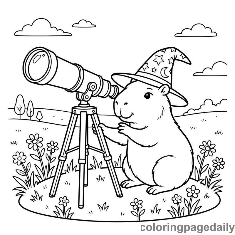 Capybara Using A Telescope - Daily printable coloring page in Animals category