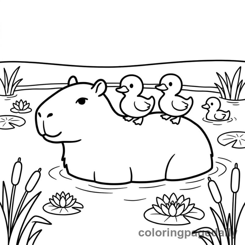 Capybara's Duckling Ferry - Daily printable coloring page in Animals category