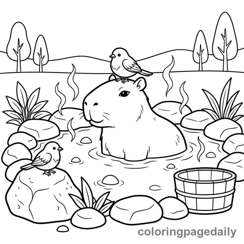 Capybara's Relaxing Hot Spring - Daily printable coloring page in Animals category