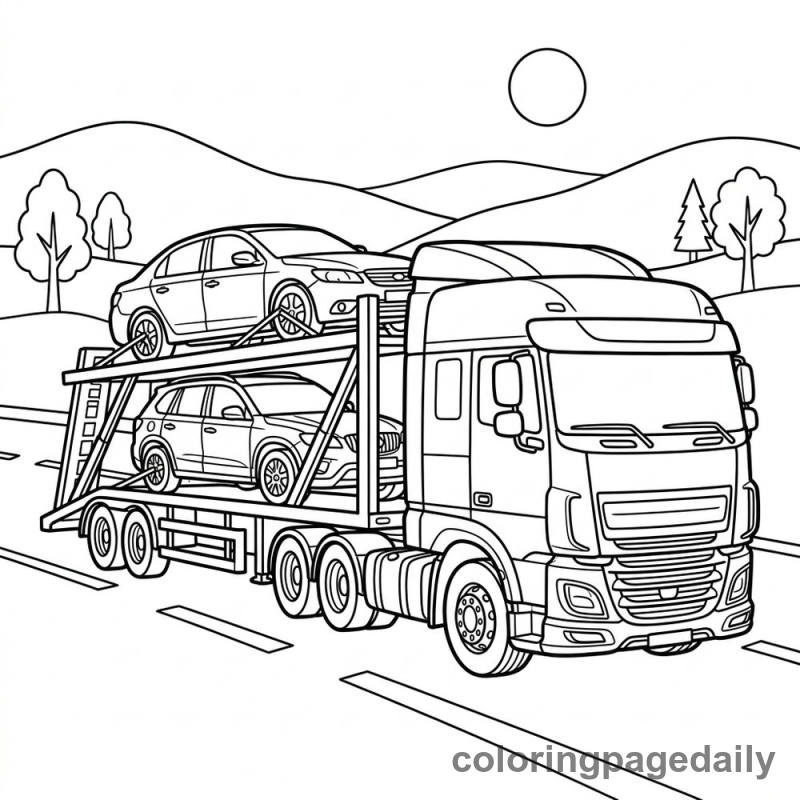 Car Carrier Truck Driving - Daily printable coloring page in Vehicle category
