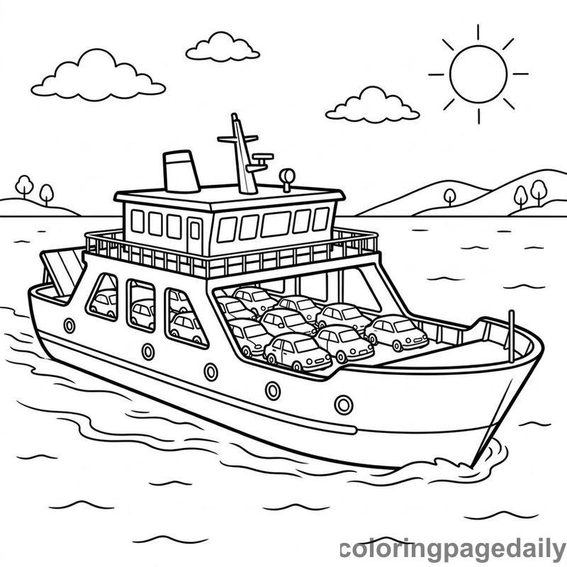 Car Ferry Cruising The Bay - Daily printable coloring page in Vehicle category