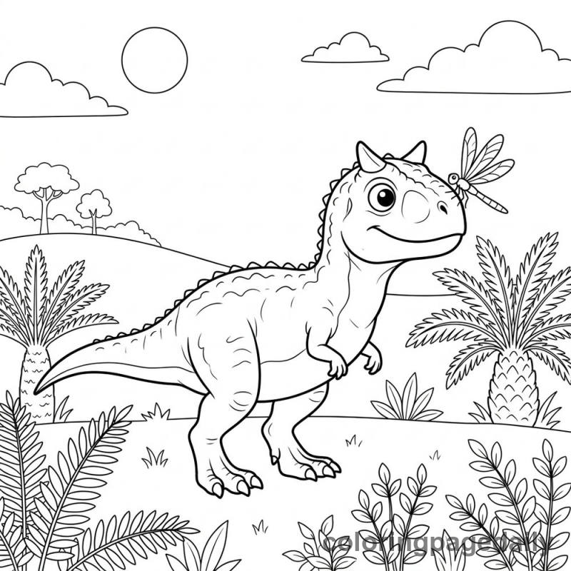 Carnotaurus and Dragonfly - Daily printable coloring page in Dinosaur category