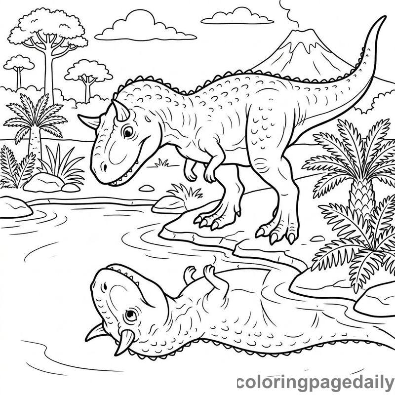 Carnotaurus Looking In Pond - Daily printable coloring page in Dinosaur category
