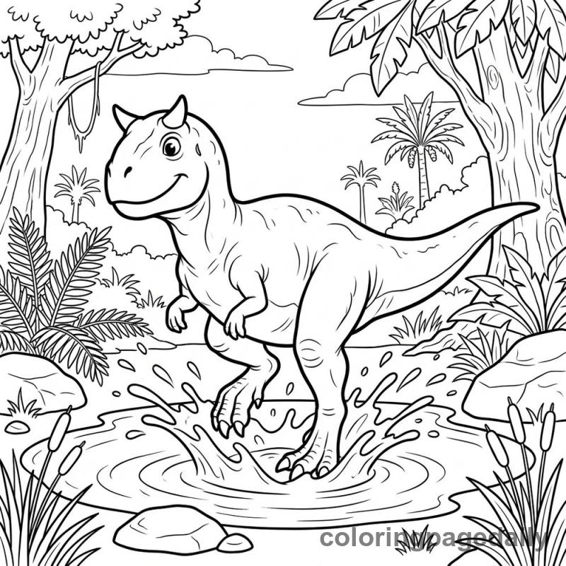 Carnotaurus Stomps in a Puddle - Daily printable coloring page in Dinosaur category