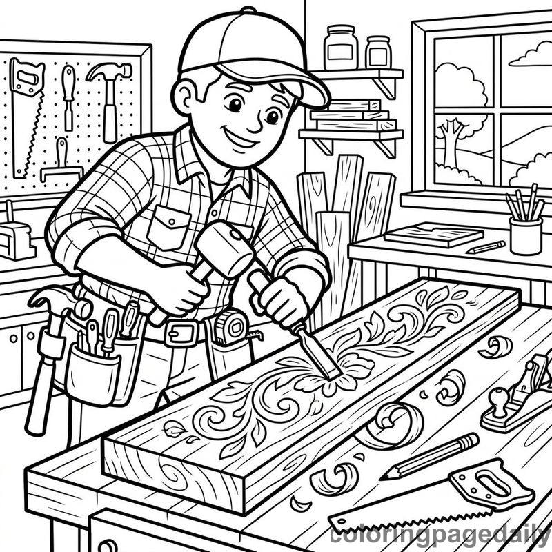 Carpenter Carving Wood Plank - Daily printable coloring page in Professions category