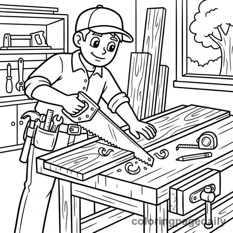 Carpenter Sawing Wooden Board - Daily printable coloring page in Professions category