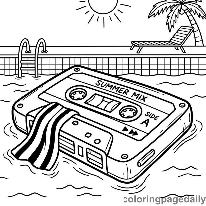Cassette Tape Pool Float - Daily printable coloring page in Summer Vacation category