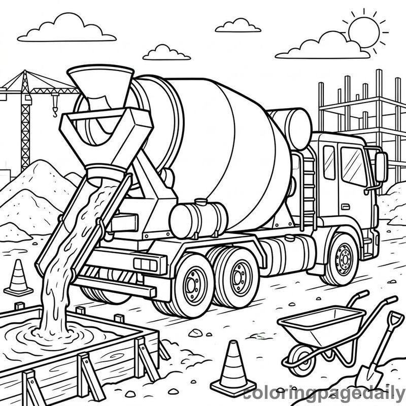 Cement Mixer Truck Pouring - Daily printable coloring page in Vehicle category