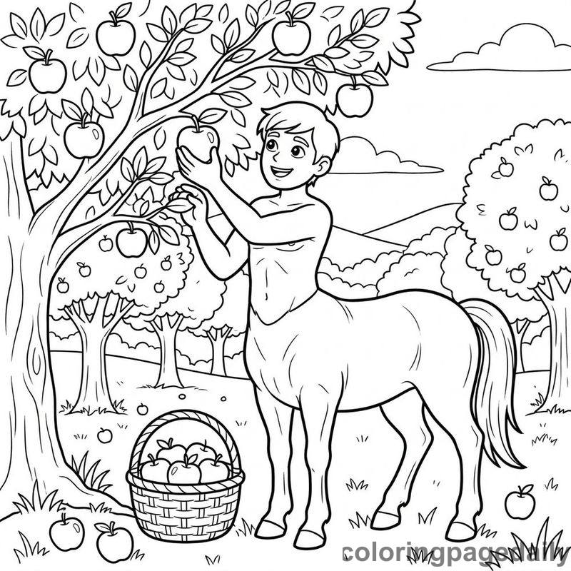 Centaur Picking Orchard Apples - Daily printable coloring page in Mythical Creature category