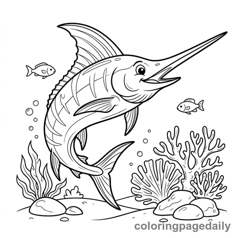 Cheerful Swordfish Swimming - Daily printable coloring page in Ocean and Underwater Life category