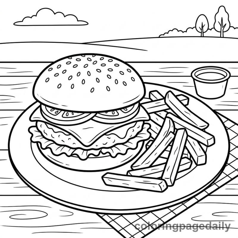 Cheeseburger and Fries Plate - Daily printable coloring page in Food category