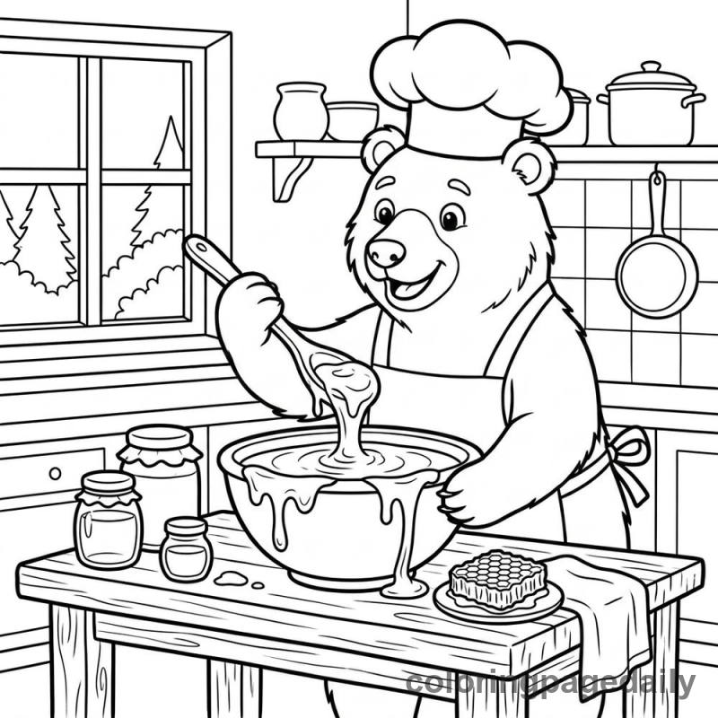 Chef Bear Mixing Honey - Daily printable coloring page in Animals category