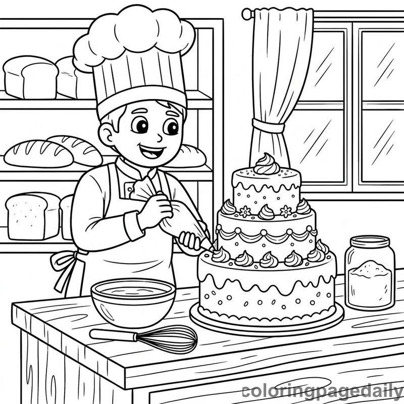 Chef Decorating A Cake - Daily printable coloring page in Professions category