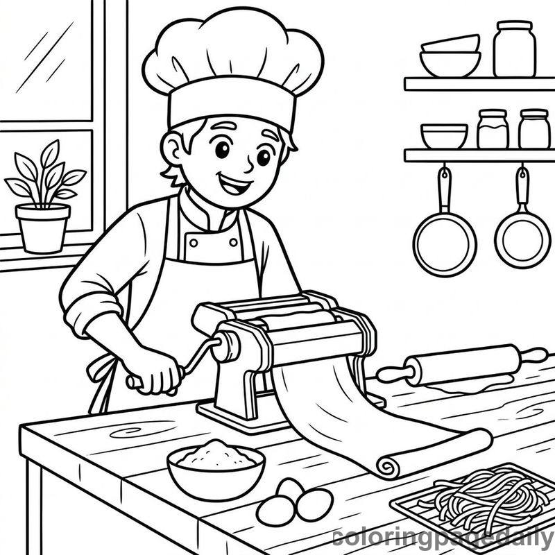 Chef Making Fresh Pasta - Daily printable coloring page in Professions category
