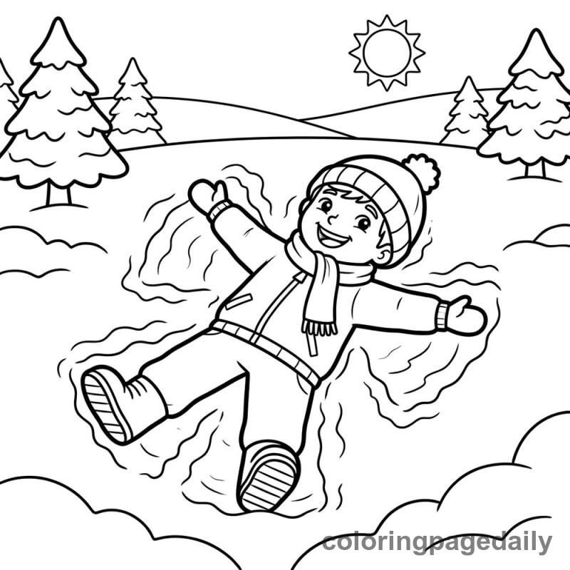 Child Making a Snow Angel - Daily printable coloring page in Winter and Snow Season category