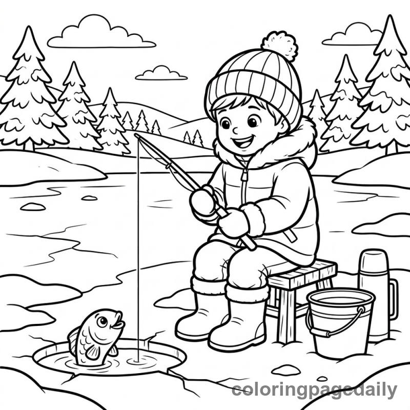 Child's First Ice Fishing Trip - Daily printable coloring page in Winter and Snow Season category