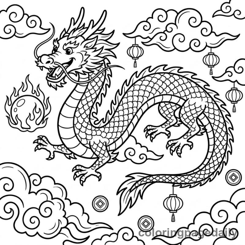 Chinese Dragon Chasing Pearl - Daily printable coloring page in Chinese New Year category
