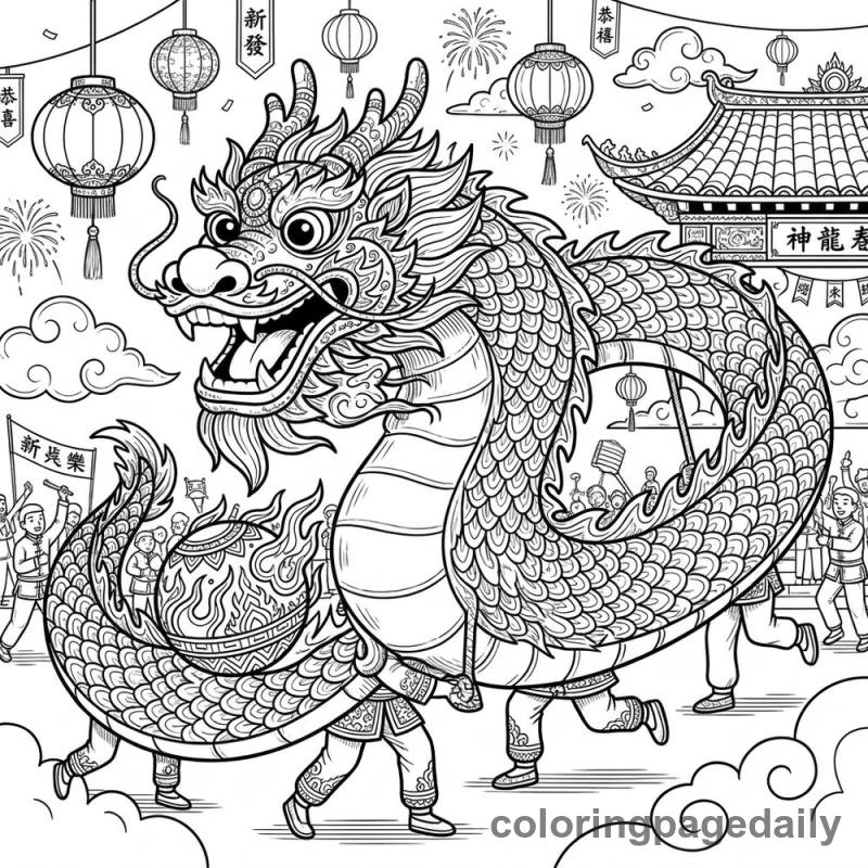Chinese Dragon Dance - Daily printable coloring page in Chinese New Year category