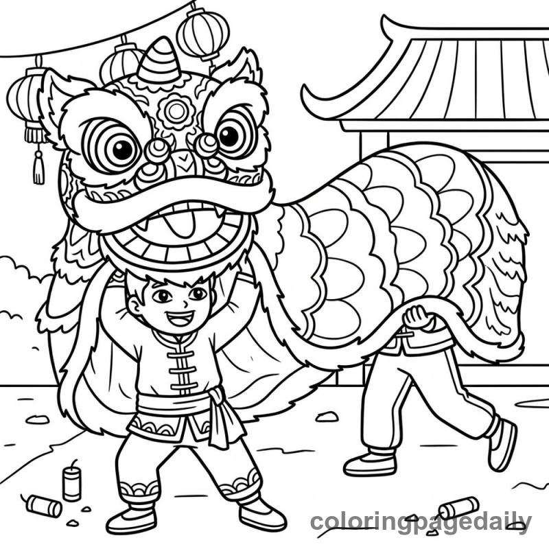 Chinese Lion Dance - Daily printable coloring page in Chinese New Year category