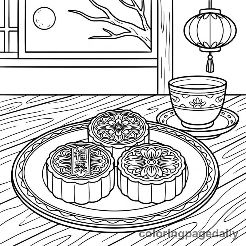 Chinese Mooncakes Plate - Daily printable coloring page in Food category