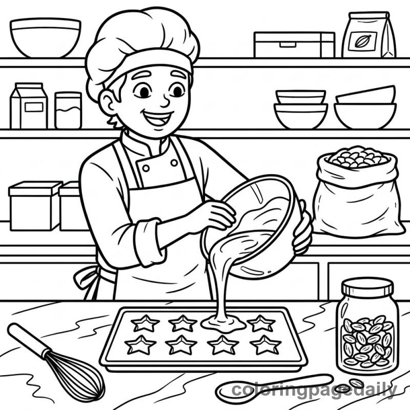 Chocolatier Pouring Star Molds - Daily printable coloring page in Professions category