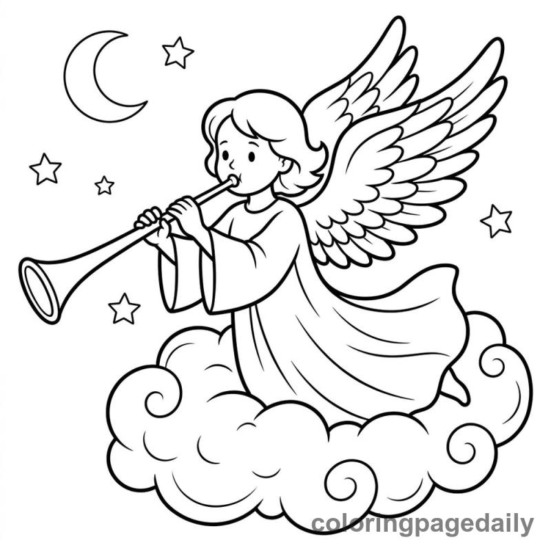 Christmas Angel Blowing Trumpet - Daily printable coloring page in Christmas category