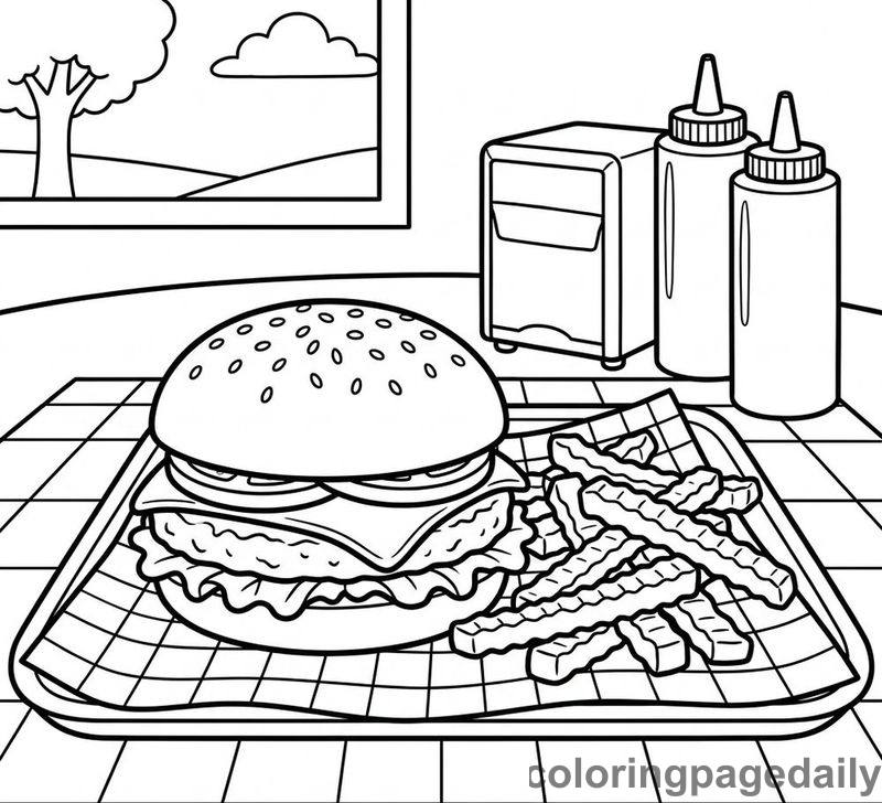 Classic American Cheeseburger Meal - Daily printable coloring page in Food category