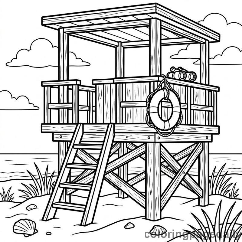 Classic Beach Lifeguard Tower - Daily printable coloring page in Summer Vacation category
